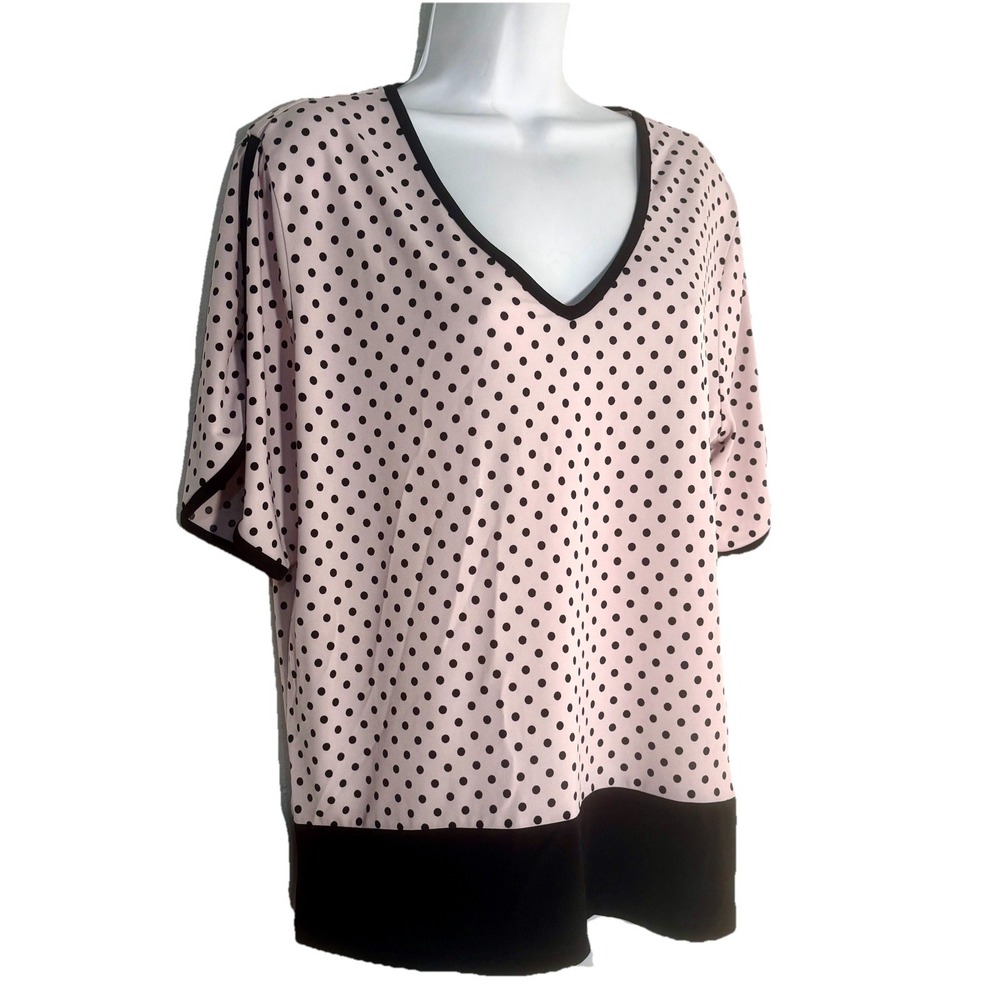 Tommy Hilfiger Women Top SZ L Pink Black Polka Dots Black Trim & Hem SS V Neck